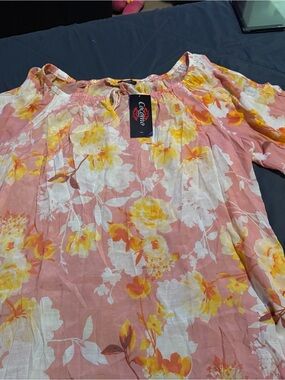 Cocomo Pink Floral Off-Shoulder Tunic with Yellow Accents